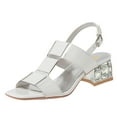 thumbnail image 1 of FSJ Women Square Open Toe Sandals Clear Crystal Chunky Mid Heel Slingbacks T-strap Buckle Multicolor Band Versatile Comfy Slide Shoes Size 15 White, 1 of 4