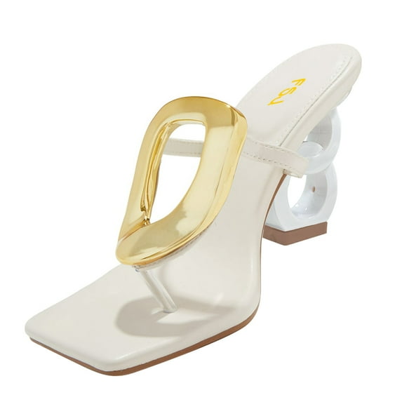 FSJ Women Square Open Toe Thong High Heel Sandals Gold Detail Chain Heel Flip Flops Slip-On Summer Mules Comfortable Sexy Slippers Size 16 White