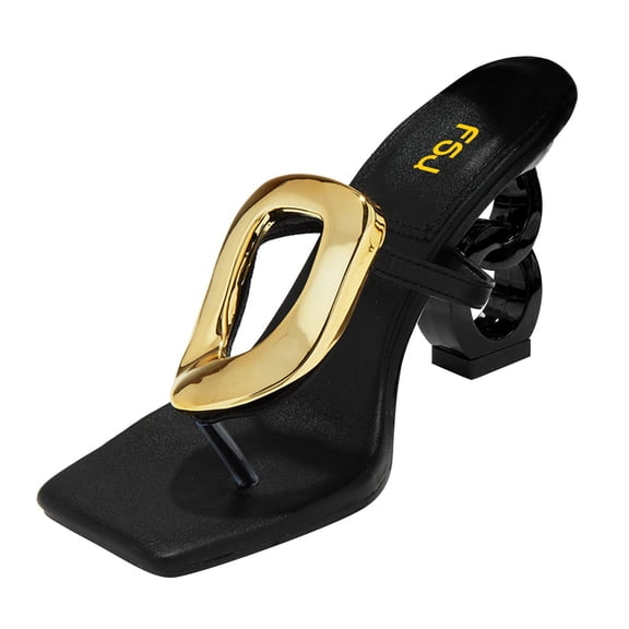 FSJ Women Square Open Toe Thong High Heel Sandals Gold Detail Chain Heel Flip Flops Slip-On Summer Mules Comfortable Sexy Slippers Size 5.5 Black