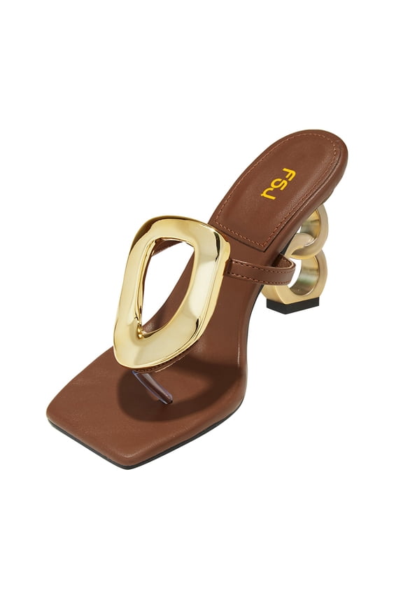 Women Square Open Toe Thong High Heel Sandals Gold Detail Chain Heel Flip Flops Slip-On Summer Mules Comfortable Sexy Slippers Size 8.5 Brown