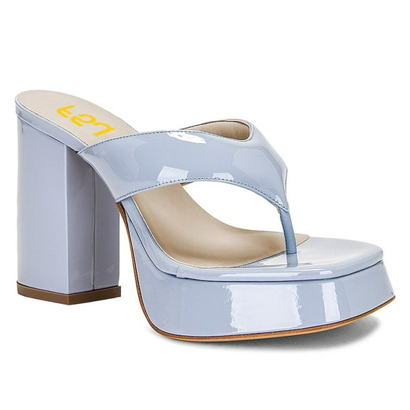 FSJ Women Square Split Toe Thong Sandals Slip on Platform Block Chunky Heels Casual Dress Summer Beach Slides Size 10 Light Steel Blue