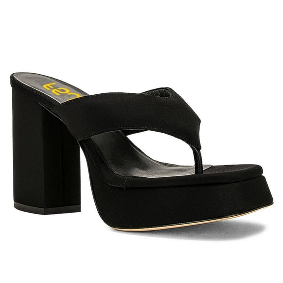FSJ Women Square Split Toe Thong Sandals Slip on Platform Block Chunky Heels Casual Dress Summer Beach Slides Size 12 Black