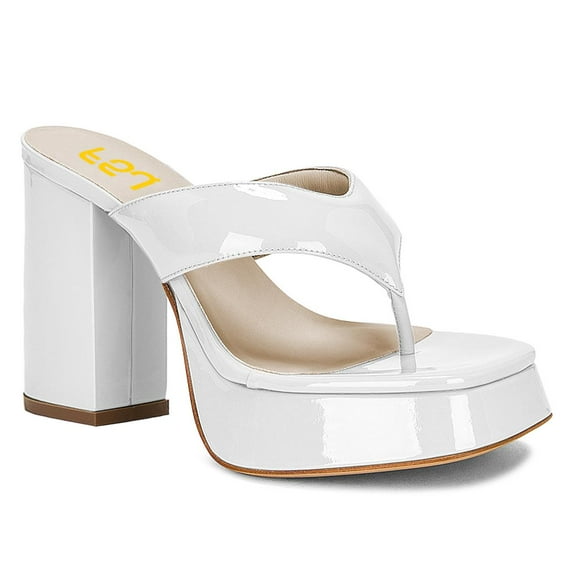 FSJ Women Square Split Toe Thong Sandals Slip on Platform Block Chunky Heels Casual Dress Summer Beach Slides Size 9.5 White