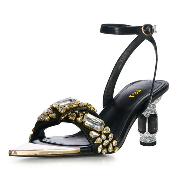 FSJ Women Strappy Crystal Block Heels with Rhinestones Ankle Strap Pumps Almond Open Toe Sandals Noble Party Shoes Size 8 Black