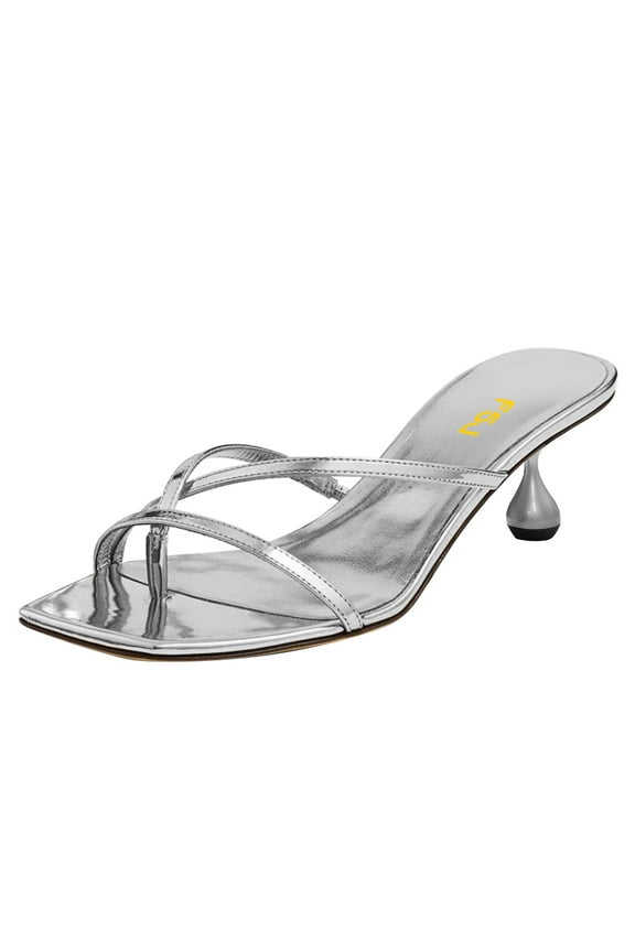 Women Strappy Heeled Square Open Toe Thong Sandals Special Kitten Low Heel Chic Flip-flops Versatile Summer Mule Dress Shoes Size 10 Silver