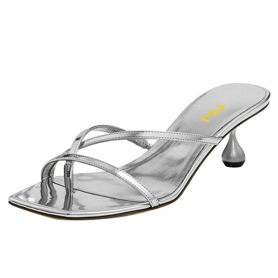 FSJ Women Strappy Heeled Square Open Toe Thong Sandals Special Kitten Low Heel Chic Flip-flops Versatile Summer Mule Dress Shoes Size 8 Silver
