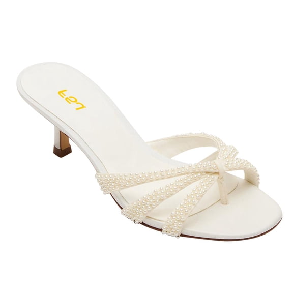 FSJ Women Strappy Kitten Heel Flip Flops Open Toe Low Heels Thong Sandals Fashion Party Dress Mules Sexy Casual Shoes Size 10 Ivory White Pearl
