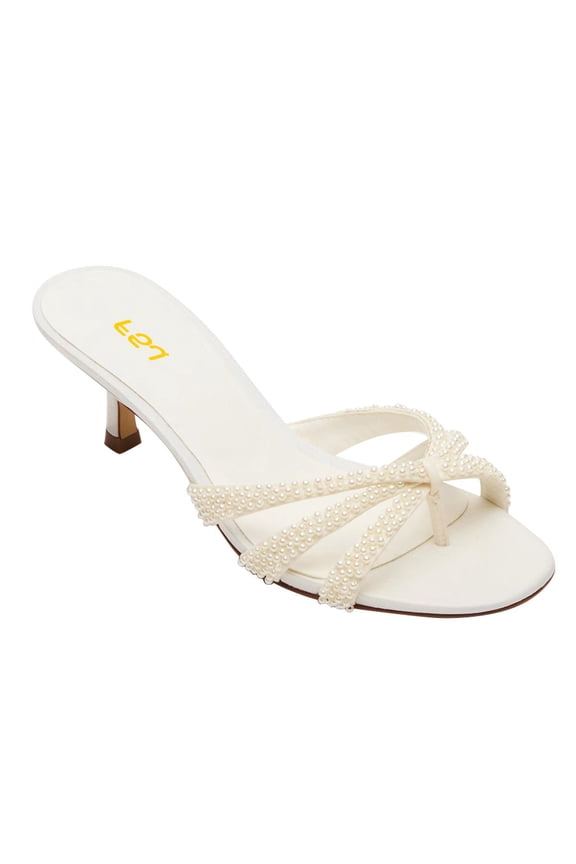 Women Strappy Kitten Heel Flip Flops Open Toe Low Heels Thong Sandals Fashion Party Dress Mules Sexy Casual Shoes Size 5 Ivory White Pearl