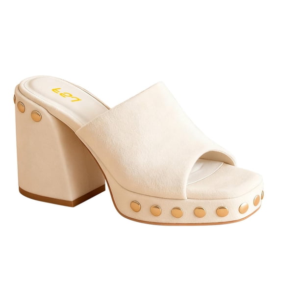 FSJ Women Studded Low Platform Mules Square Open Toe Chunky Heel Slip On Dress Slide Sandals Comfort Shoes Size 10.5 Beige
