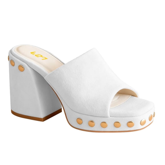 FSJ Women Studded Low Platform Mules Square Open Toe Chunky Heel Slip On Dress Slide Sandals Comfort Shoes Size 12 White