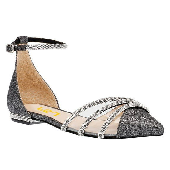 FSJ Women Studded Strap D'orsay Sandals Cap Pointy Toe Ankle Strap Flats Comfortable Buckle Dressy Daily Shoes Size 6.5 Black