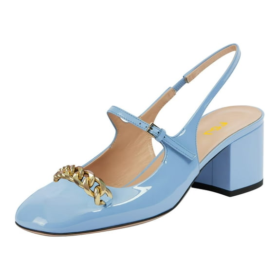 FSJ Women Stylish Block Chunky Mid Heels Slingback Pumps Square Closed Toe Slip On Metal Chain Office Dressy Shoes Size 10 Sky Blue