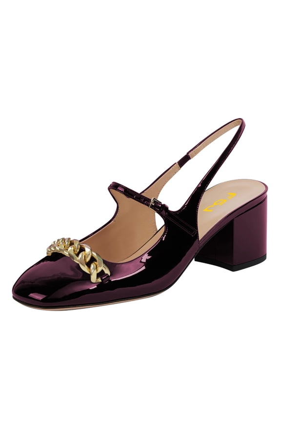 Women Stylish Block Chunky Mid Heels Slingback Pumps Square Closed Toe Slip On Metal Chain Office Dressy Shoes Size 12 Purple