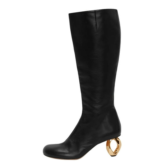 FSJ Women Stylish Chain High Heel Knee High Boots Rounded Closed Toe Side Zip Wide Calf Boots Fashion Casual Outing Shoes Size 12 Black