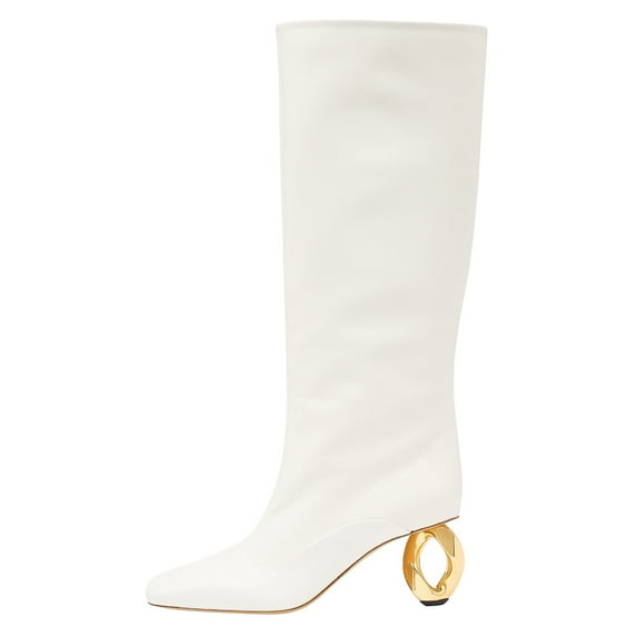 FSJ Women Stylish Chain High Heel Knee High Boots Rounded Closed Toe Side Zip Wide Calf Boots Fashion Casual Outing Shoes Size 12 White