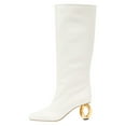 thumbnail image 1 of FSJ Women Stylish Chain High Heel Knee High Boots Rounded Closed Toe Side Zip Wide Calf Boots Fashion Casual Outing Shoes Size 4 White, 1 of 4