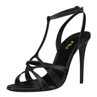 FSJ Women Stylish Cross Strap Stiletto High Heel Sandals T-Strap Buckled Round Open Toe Pumps Prom Dress Shoes Size 11 Black