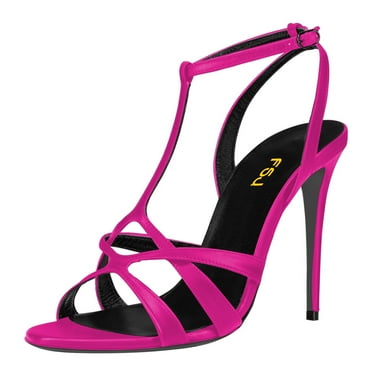 FSJ Women Stylish Cross Strap Stiletto High Heel Sandals T-Strap Buckled Round Open Toe Pumps Prom Dress Shoes Size 12 Pink