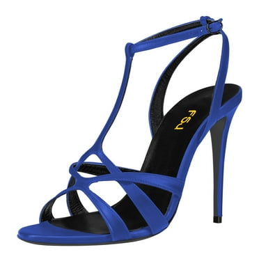 FSJ Women Stylish Cross Strap Stiletto High Heel Sandals T-Strap Buckled Round Open Toe Pumps Prom Dress Shoes Size 8 Black Blue