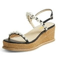 thumbnail image 1 of FSJ Women Stylish Pearl Round Open Toe Ankle Strap Adjustable Buckle Espadrilles Platform Wedge Low Sandals Casual Bridal Dressy Shoes Size 5 Black, 1 of 5