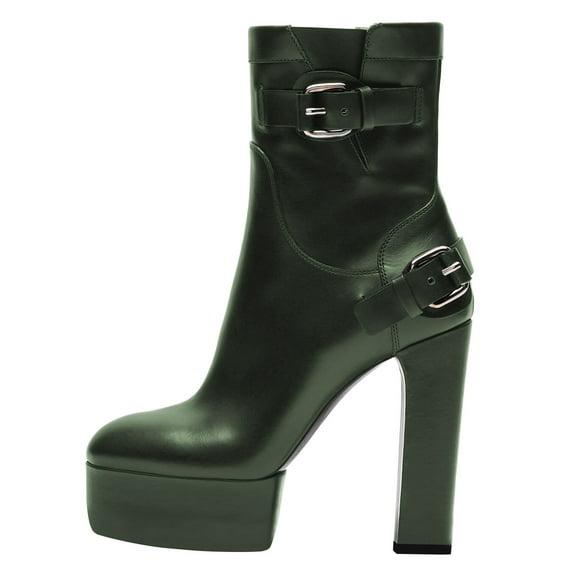 FSJ Women Stylish Platform Block High Heels Ankle Boots Round Closed Toe Booties Buckled Strap Side Zipper Shoes Size 5.5 Green