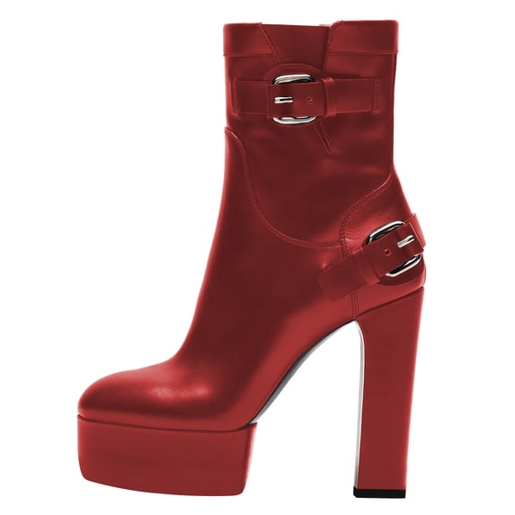 FSJ Women Stylish Platform Block High Heels Ankle Boots Round Closed Toe Booties Buckled Strap Side Zipper Shoes Size 5 Red
