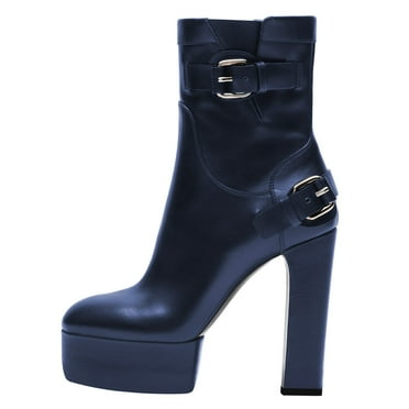 FSJ Women Stylish Platform Block High Heels Ankle Boots Round Closed Toe Booties Buckled Strap Side Zipper Shoes Size 8 Navy