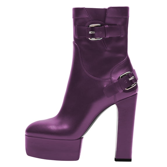 FSJ Women Stylish Platform Block High Heels Ankle Boots Round Closed Toe Booties Buckled Strap Side Zipper Shoes Size 9 Purple