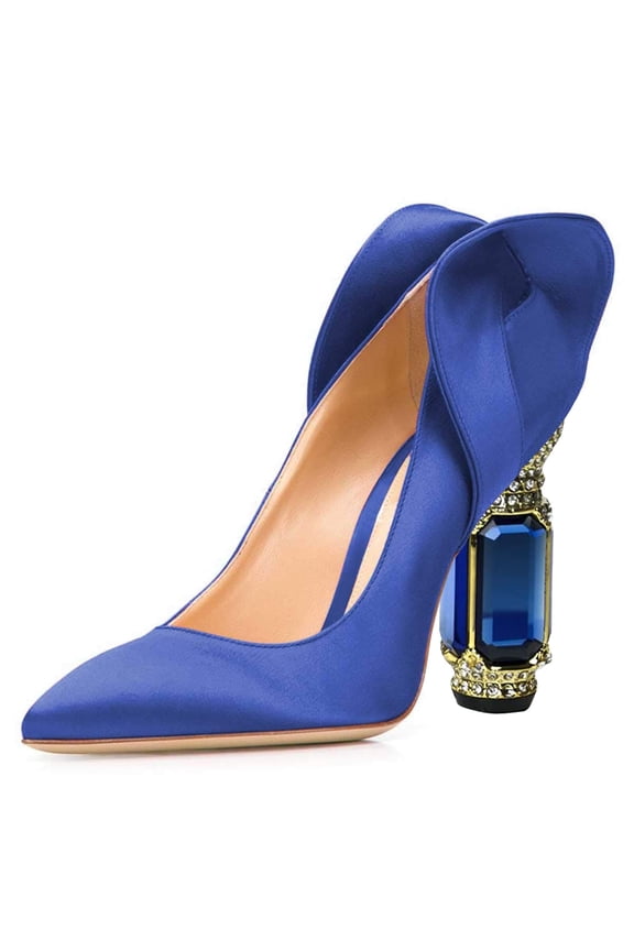 Women Stylish Pointed Closed Toe Pumps Crystal Chunky Block High Heels Slip On Unique Curly Back Wedding Dress Shoes Size 10 Blue