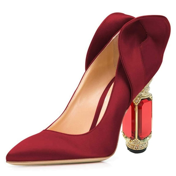 FSJ Women Stylish Pointed Closed Toe Pumps Crystal Chunky Block High Heels Slip On Unique Curly Back Wedding Dress Shoes Size 12 Red