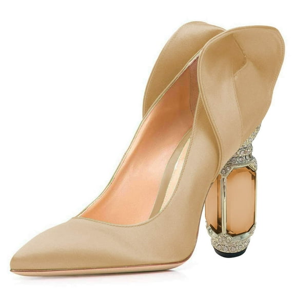 FSJ Women Stylish Pointed Closed Toe Pumps Crystal Chunky Block High Heels Slip On Unique Curly Back Wedding Dress Shoes Size 15 Wheat
