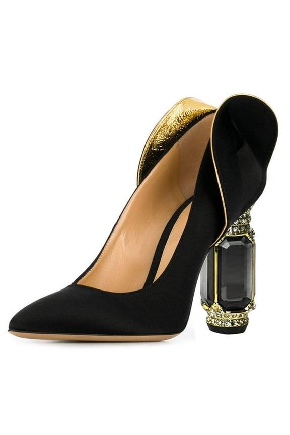 Women Stylish Pointed Closed Toe Pumps Crystal Chunky Block High Heels Slip On Unique Curly Back Wedding Dress Shoes Size 5 Black