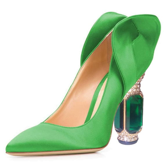 FSJ Women Stylish Pointed Closed Toe Pumps Crystal Chunky Block High Heels Slip On Unique Curly Back Wedding Dress Shoes Size 5 Green