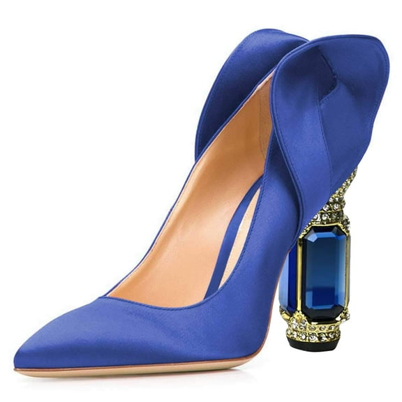 FSJ Women Stylish Pointed Closed Toe Pumps Crystal Chunky Block High Heels Slip On Unique Curly Back Wedding Dress Shoes Size 8 Blue
