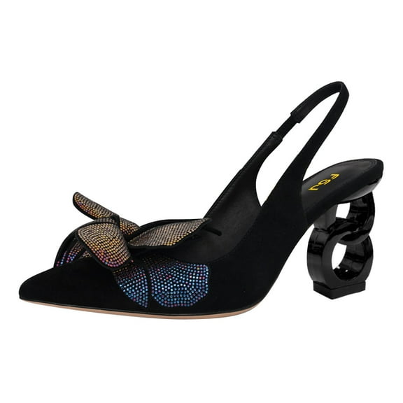 FSJ Women Stylish Pointed Closed Toe Pumps Slip On Flower Slingbacks Novelty Chain Chunky Block Heels Sandals Dress Shoes Size 4 Black