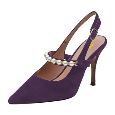 FSJ Women Stylish Pointed Closed Toe Pumps Stiletto High Heels Pearl Buckle Strap Slingback Sandals Wedding Party Dress Shoes Size 8 Purple