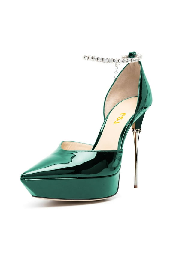 Women Stylish Pointed Toe Rhinestone Chain Ankle Strap Sandals Stilettos Platform High Heel Pumps Dress Wedding Shoes Size 8 Green