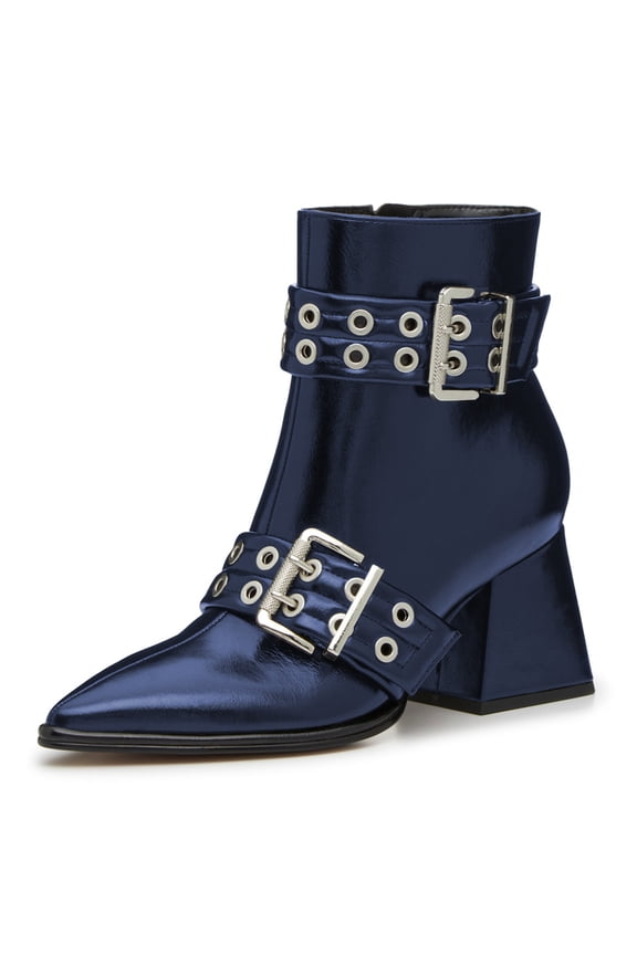 Women Stylish Pointed Toe Side Zipper Ankle Boots Chunky Mid Heel Double Metal Buckle Strap Studded Short Booties Date Shoes Size 4 Navy