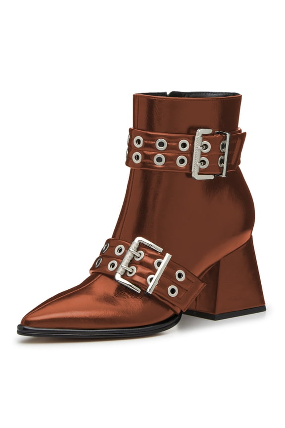 Women Stylish Pointed Toe Side Zipper Ankle Boots Chunky Mid Heel Double Metal Buckle Strap Studded Short Booties Date Shoes Size 9 Brown