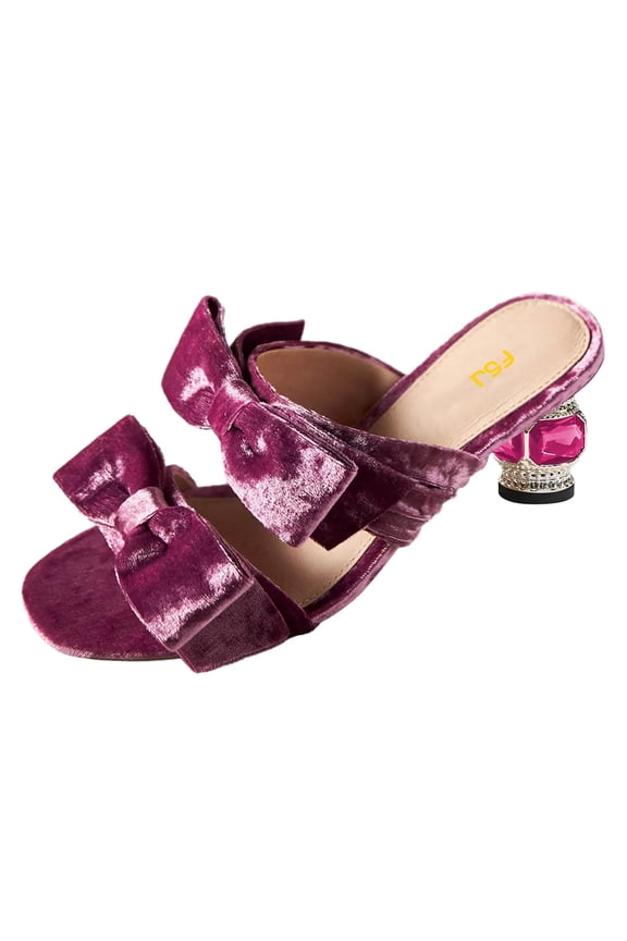 Women Stylish Round Open Toe Slip on Mules Bowknot Mid Chunky Crystal Heel Sandals Party Wedding Date Event Dressy Shoes Size 8 Fuchsia