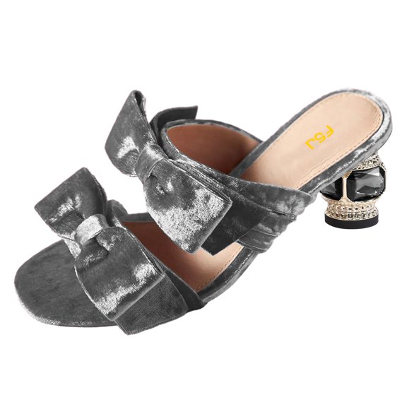 FSJ Women Stylish Round Open Toe Slip on Mules Bowknot Mid Chunky Crystal Heel Sandals Party Wedding Date Event Dressy Shoes Size 9.5 Gray