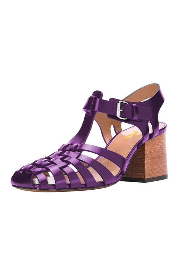 Women Stylish Square Closed Toe Gladiator Sandals Fisherman Mid Chunky heel Pumps Party Work Dress Daily Wear Buckle Shoes Size 11 Purple