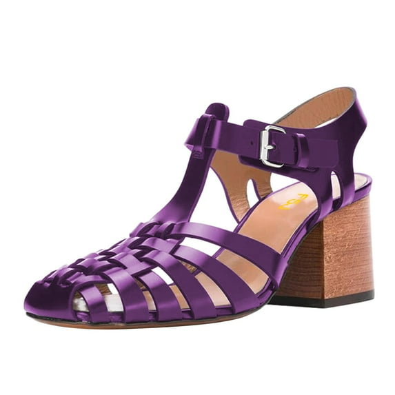 FSJ Women Stylish Square Closed Toe Gladiator Sandals Fisherman Mid Chunky heel Pumps Party Work Dress Daily Wear Buckle Shoes Size 14 Purple