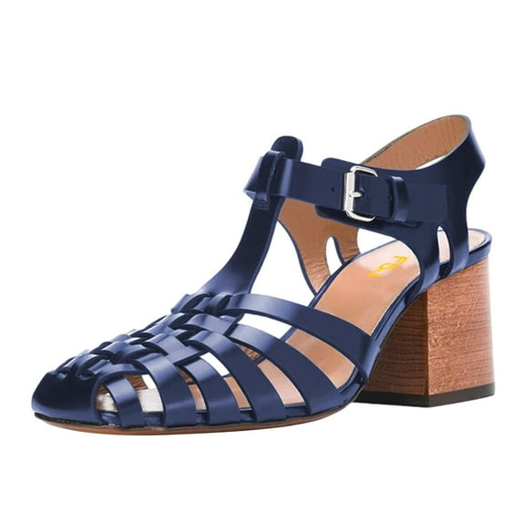 FSJ Women Stylish Square Closed Toe Gladiator Sandals Fisherman Mid Chunky heel Pumps Party Work Dress Daily Wear Buckle Shoes Size 7.5 Blue