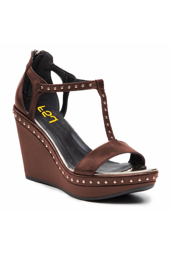 Women T-Strap Studded Wedge High Heels Open Toe Platform Back Zipper Sandals Fashion Cocktail Party Summer Shoes Size 10 Brown