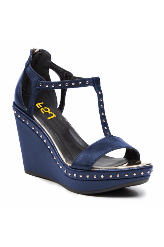Women T-Strap Studded Wedge High Heels Open Toe Platform Back Zipper Sandals Fashion Cocktail Party Summer Shoes Size 5 Blue