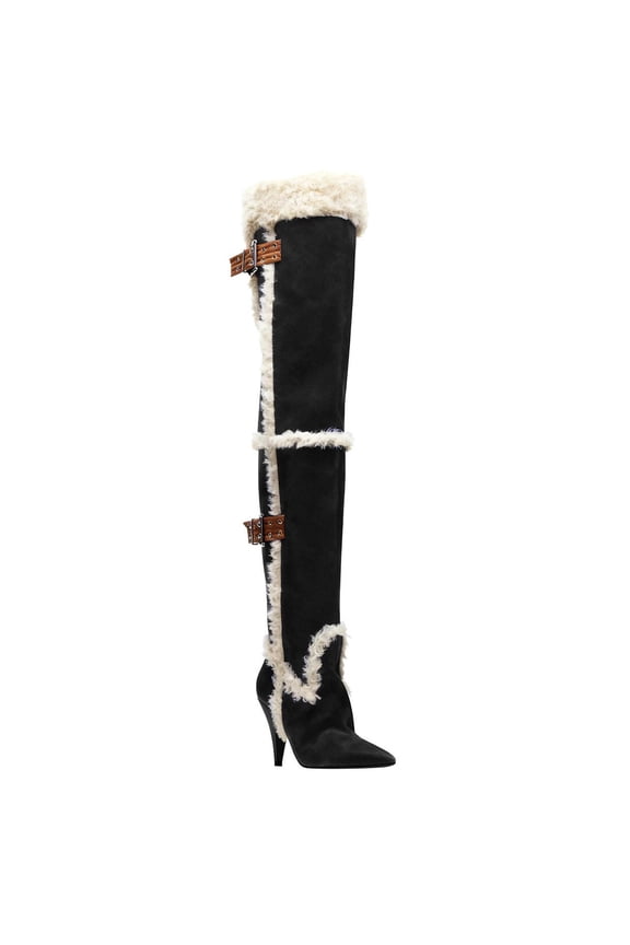 Women Thigh High Fur Boots Over-The-Knee Shearling Trim Buckle Straps Pointed Toe Cone Heel Winter Shoes Size 10 Black