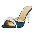 thumbnail image 1 of FSJ Women Trendy Beaded Studded Round Open Toe Backless Mules Chic Pearl High Heels Sandals Fashion Summer Slide Shoes Size 12 Cyan, 1 of 5