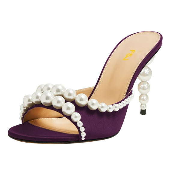 FSJ Women Trendy Beaded Studded Round Open Toe Backless Mules Chic Pearl High Heels Sandals Fashion Summer Slide Shoes Size 8.5 Purple