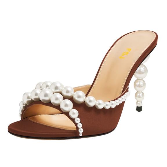 FSJ Women Trendy Beaded Studded Round Open Toe Backless Mules Chic Pearl High Heels Sandals Fashion Summer Slide Shoes Size 9.5 Brown